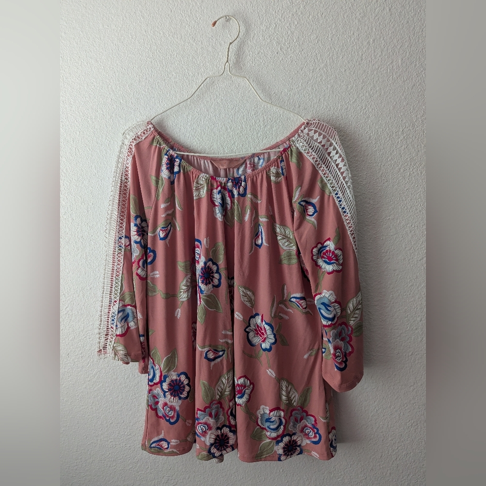 Amana Floral Pink Blouse with Lace Sleeves
